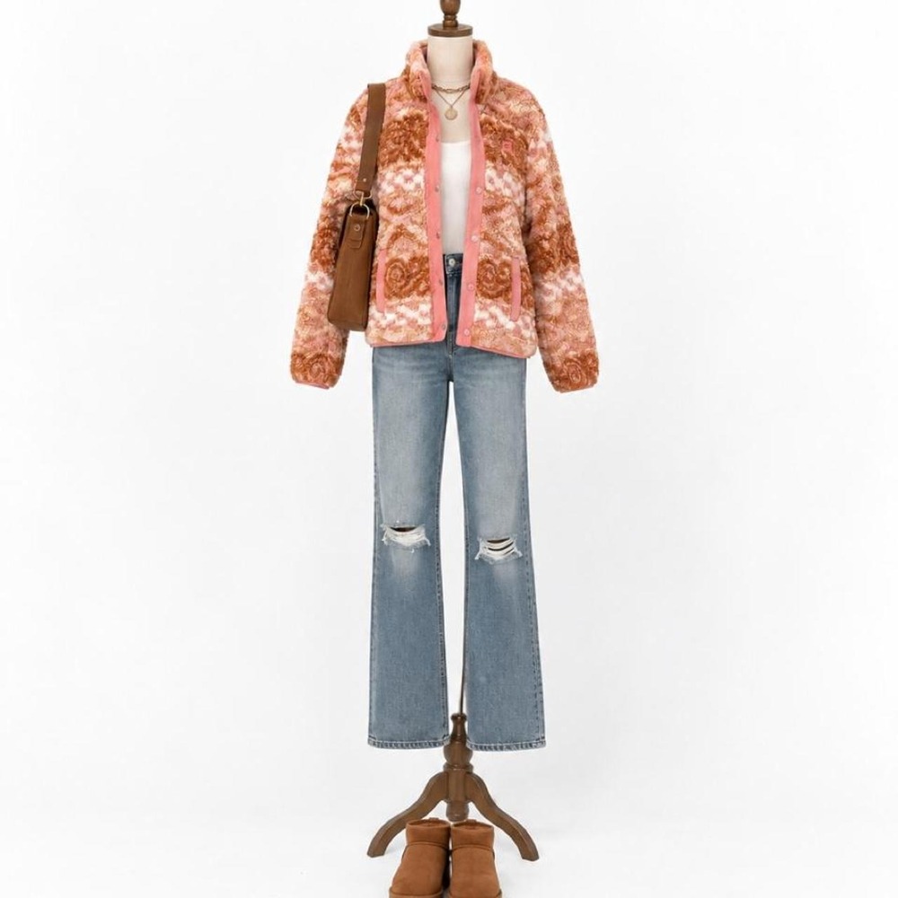 Billabong Women's Sherpa Fleece Snap Jacket – Pink/Brown/Cream – Size M